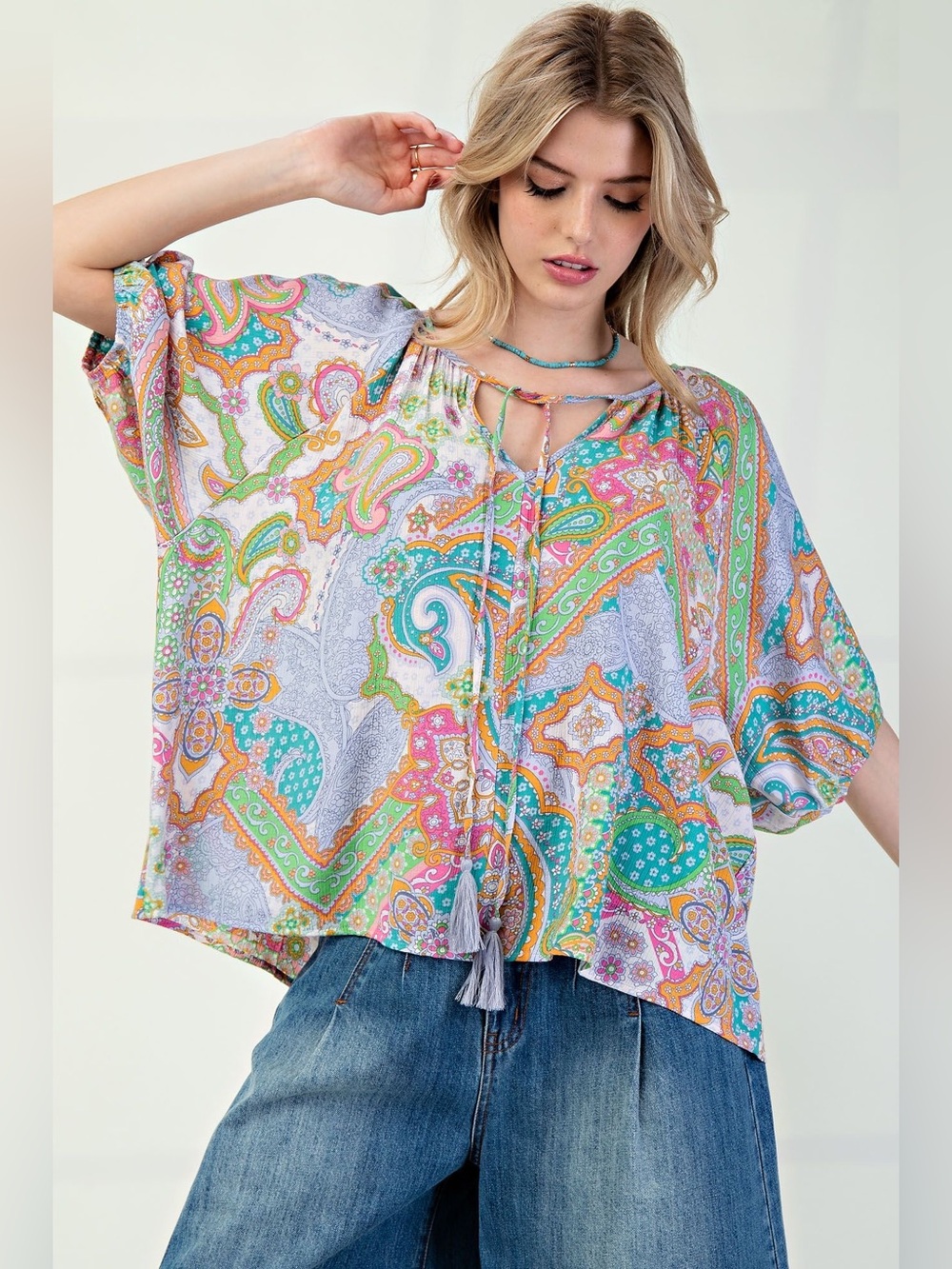 Easel Vintage Lime Printed Peach Blossom Woven Top - Picture 4 of 4